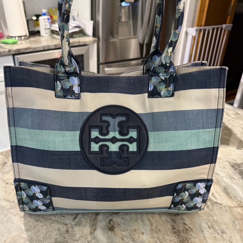 Tory Burch Blue and Cream Striped Tote Bag